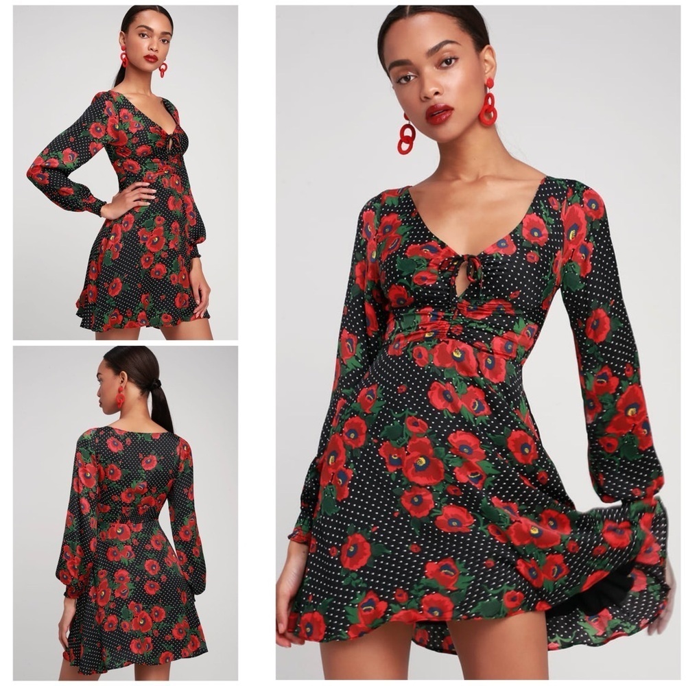 NWT Free People Morning Light Floral Roses Dots Print Long Sleeve Mini Dress 2‌